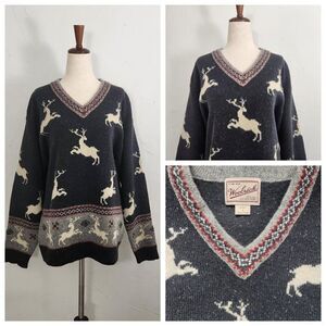 Vintage Woolrich Fair Isle Deer Stag Cabincore Alpine Grey Wool Patterned Cozy M